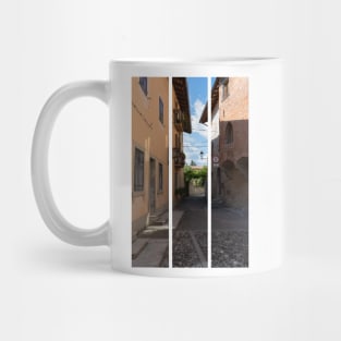 North Italy Life in the center of the lombard medieval city. Walking through narrow streets and walls. Sunny summer day. (vertical) Mug